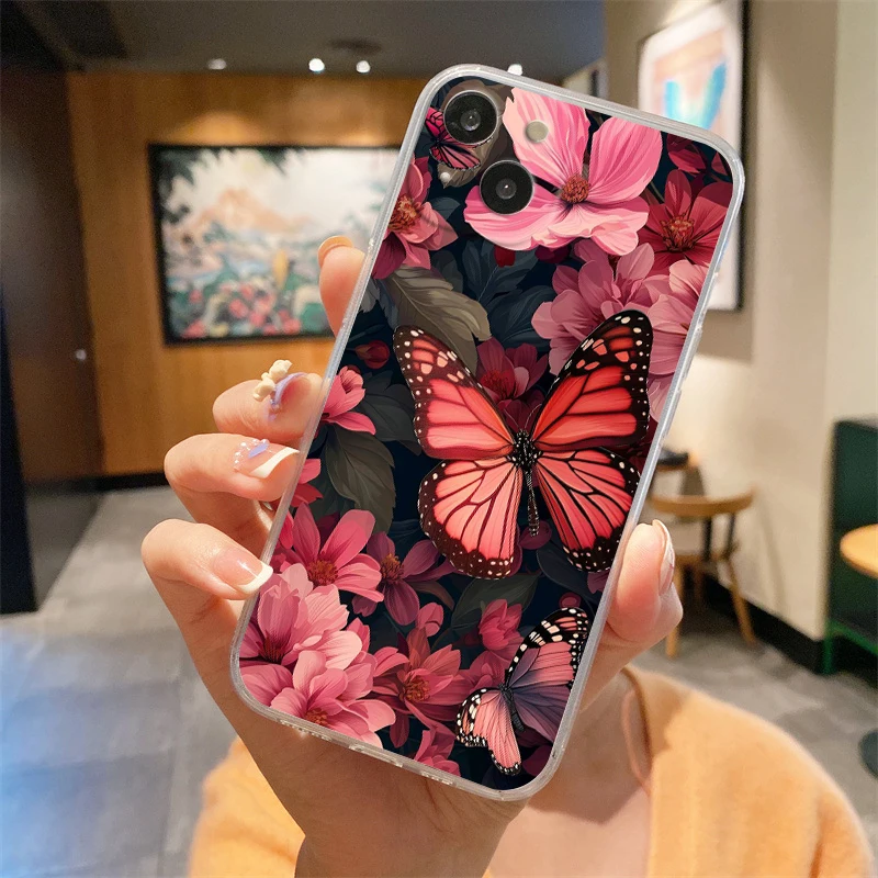 Phone Case For iPhone 16E 15 16 14 13 12 11 Pro Max XS Max 7 8 16 Plus SE2 Soft TPU Clear Cover floral and butterfly patterns #4