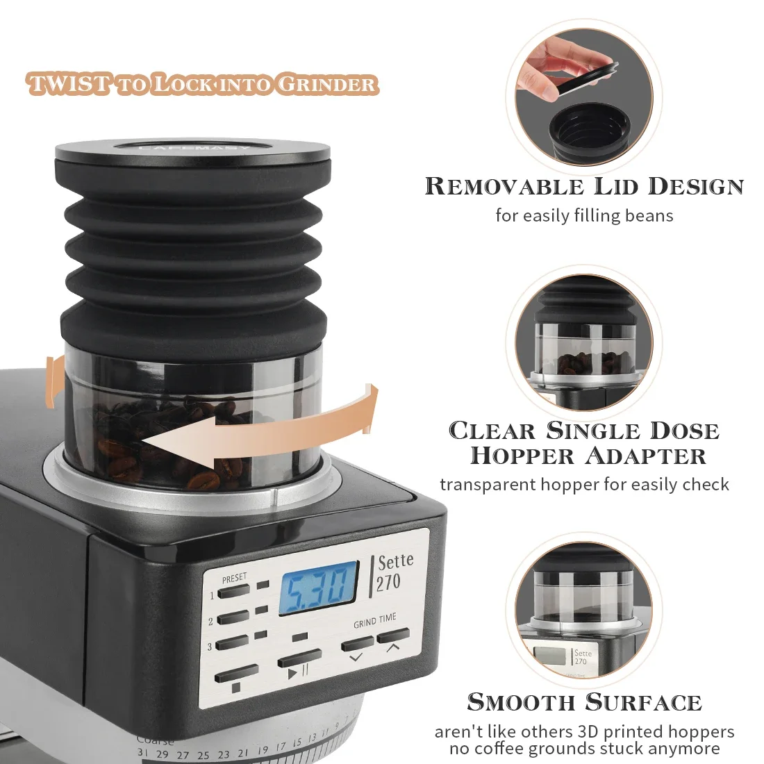 CAFEMASY Coffee Grinder Single Dose Hopper For Baratza Sett 270/30 Silicone Bellow With PC Hopper Grinder Bin Blowing Clean Tool