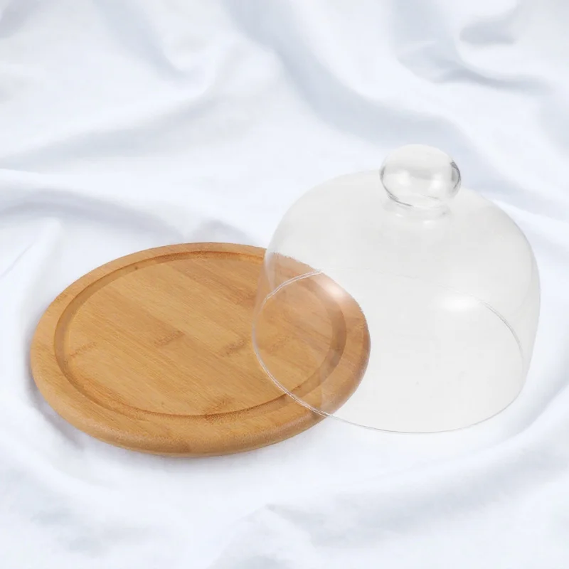 

1Pcs Dessert Tray with Bamboo Base Glass Dome Cover Cake Display Stand Multipurpose Food Serving Plate Household Pastry Plate