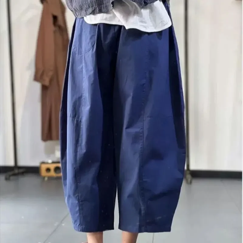 

2025 New Spring Wide Leg Cotton Pants Women Fashion High Waist Elastic Calf-Length Pants Loose Casual Womens Harem Trousers