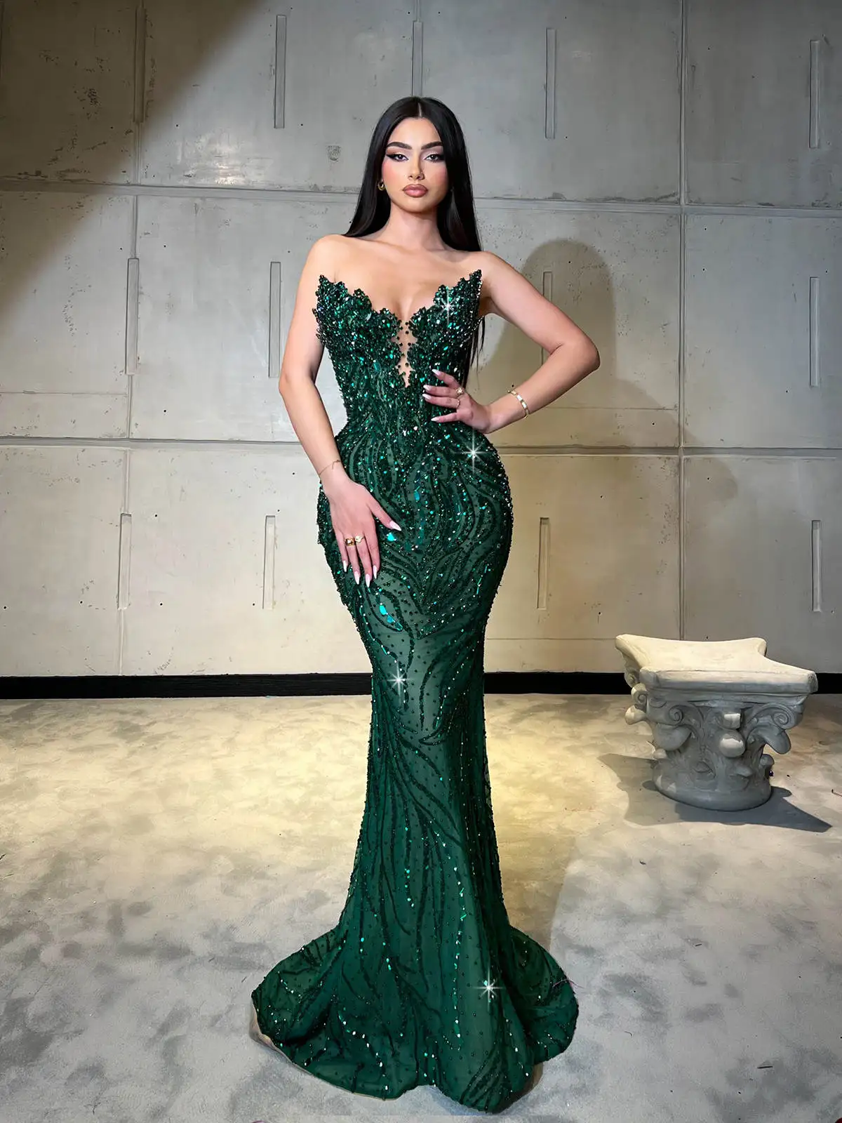 Luxury Evening Dresses Mermaid Strapless Sequins Beads Tulle Sleeveless Floor Length  Prom Dress Vestido De Noite Customized