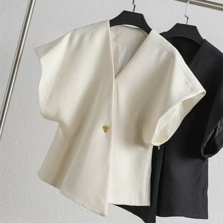 

Summer French Asymmetric Blazer Vest Coat Women Drop Shoulder Sleeve Waistcoat One Button Waist Slim Fashion White Top