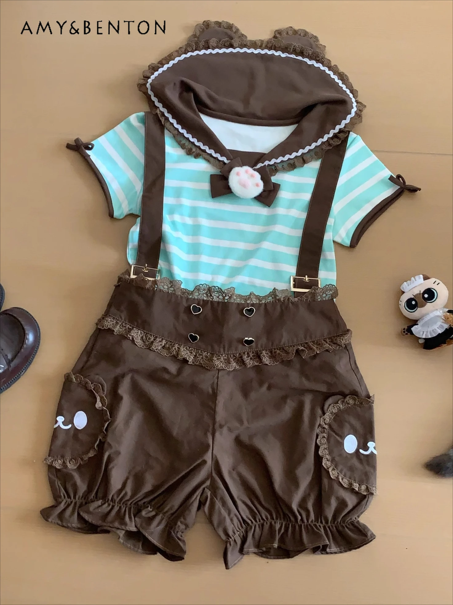 

Japanese Cute Splicing Color Striped Cartoon Embroidered Sets Kawaii Girl Navy Collar Short-sleeved Top Shorts Two-piece Set