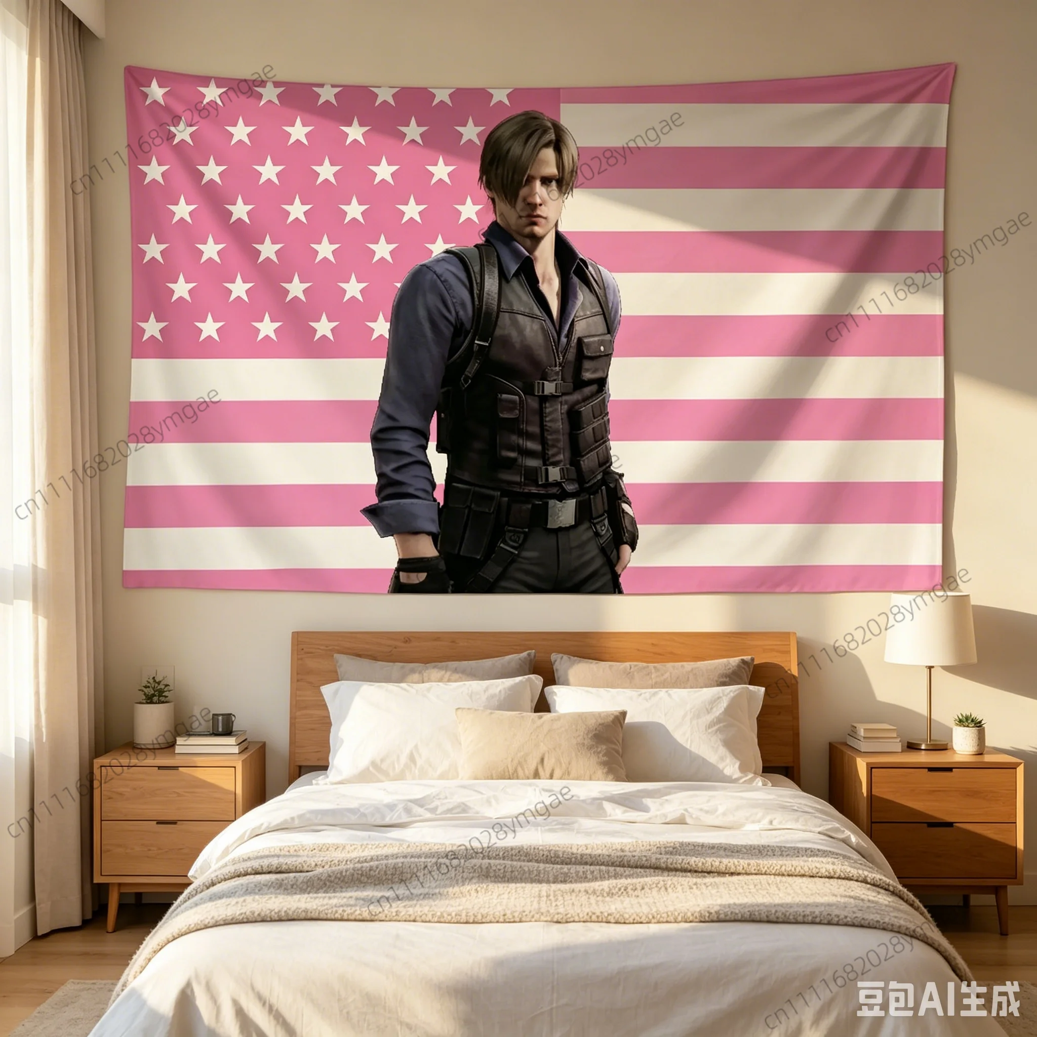 Creative Gamer Wall Art Tapestry L-Leon Kennedy Pink American Flags Wall Art Decor Headboard Aesthetic Room Decor Backdrop Cloth
