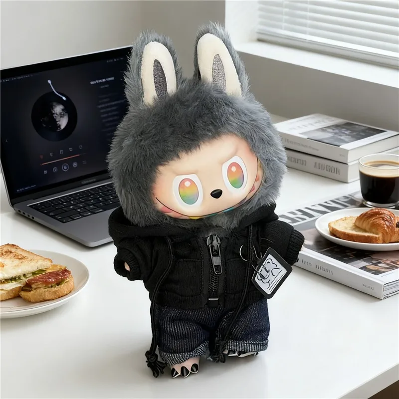 15 17 cm Für Labubu Puppe Cool Boy Mann Leder Jacke Mantel Kleidung Schwarz Zipper Bär Hoodie Schuhe Headset Kleidung zubehör