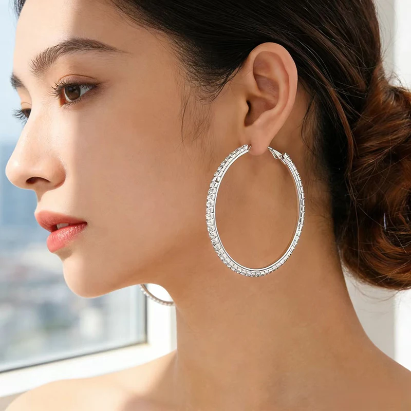 Mode 30-80mm Hoop Ohrringe Für Frauen Mädchen Kristall Strass Ohrringe Gold Silber Farbe Runde Ohrringe Partei schmuck Geschenk – Detail 7