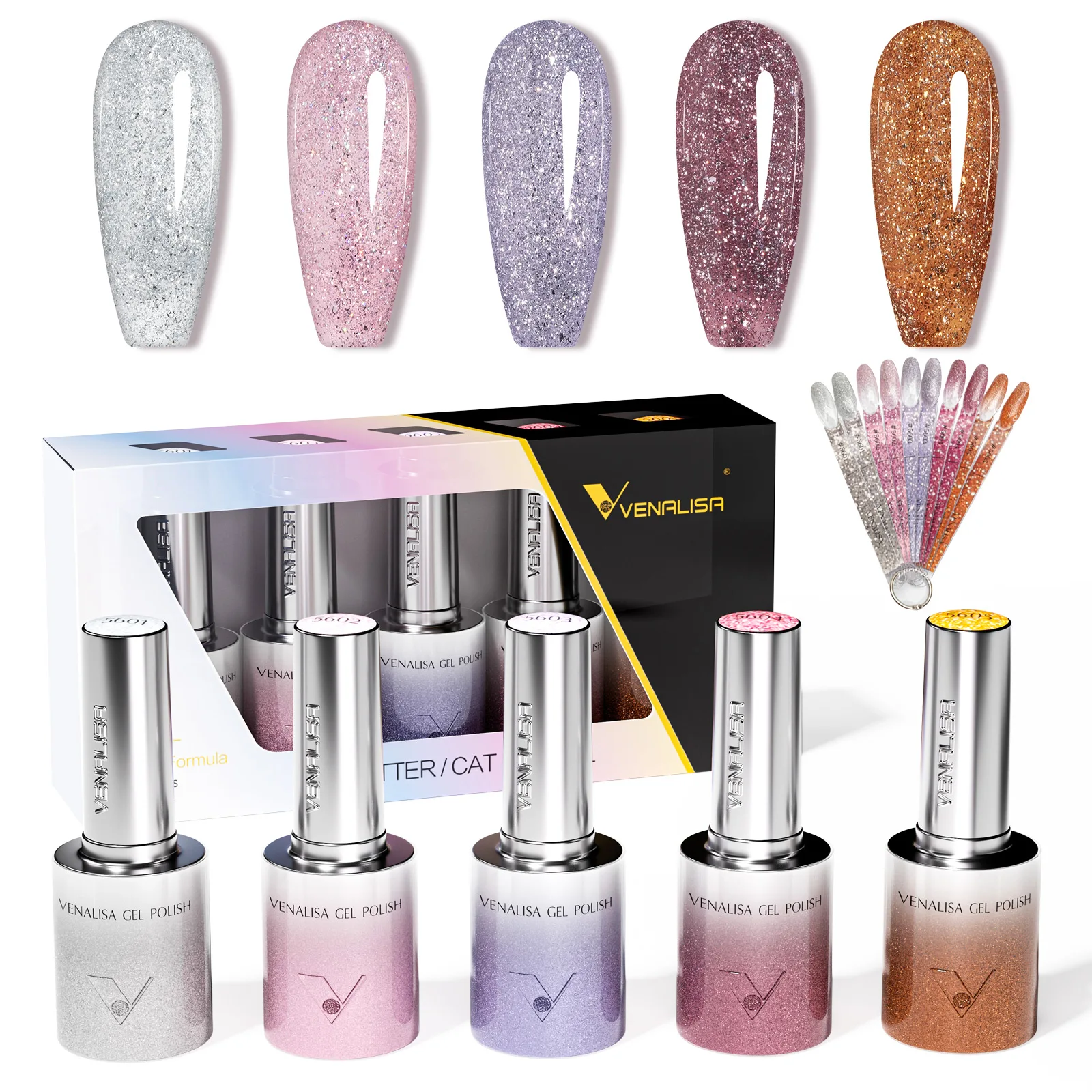 Venalisa Cat Eye Gel Nagellack Set Magnetischer Effekt Schimmerndes Nagelgel Set Hochpigmentiert Abziehbarer UV LED Nagelkunst Maniküre 10ml x 5 Stück – Detail 12