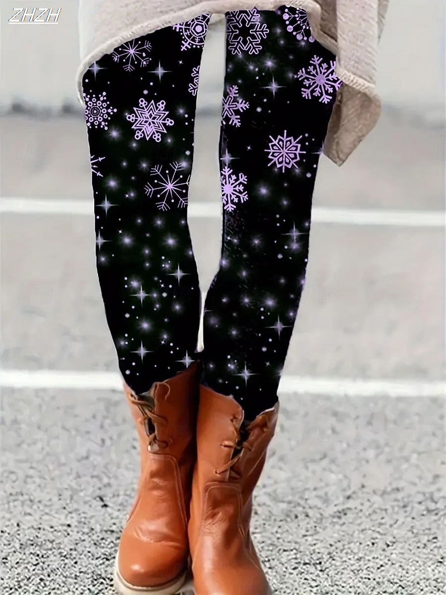 Leggings de mujer 2025 Navidad copo de nieve gráfico pantalones al aire libre poliéster spandex estiramiento cintura elástica, ropa de calle de Control