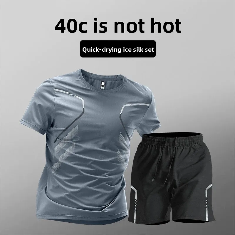 Sports cycling suit men's ice silk quick-drying clothes fitness t-shirt running short sleeves shorts training clothes