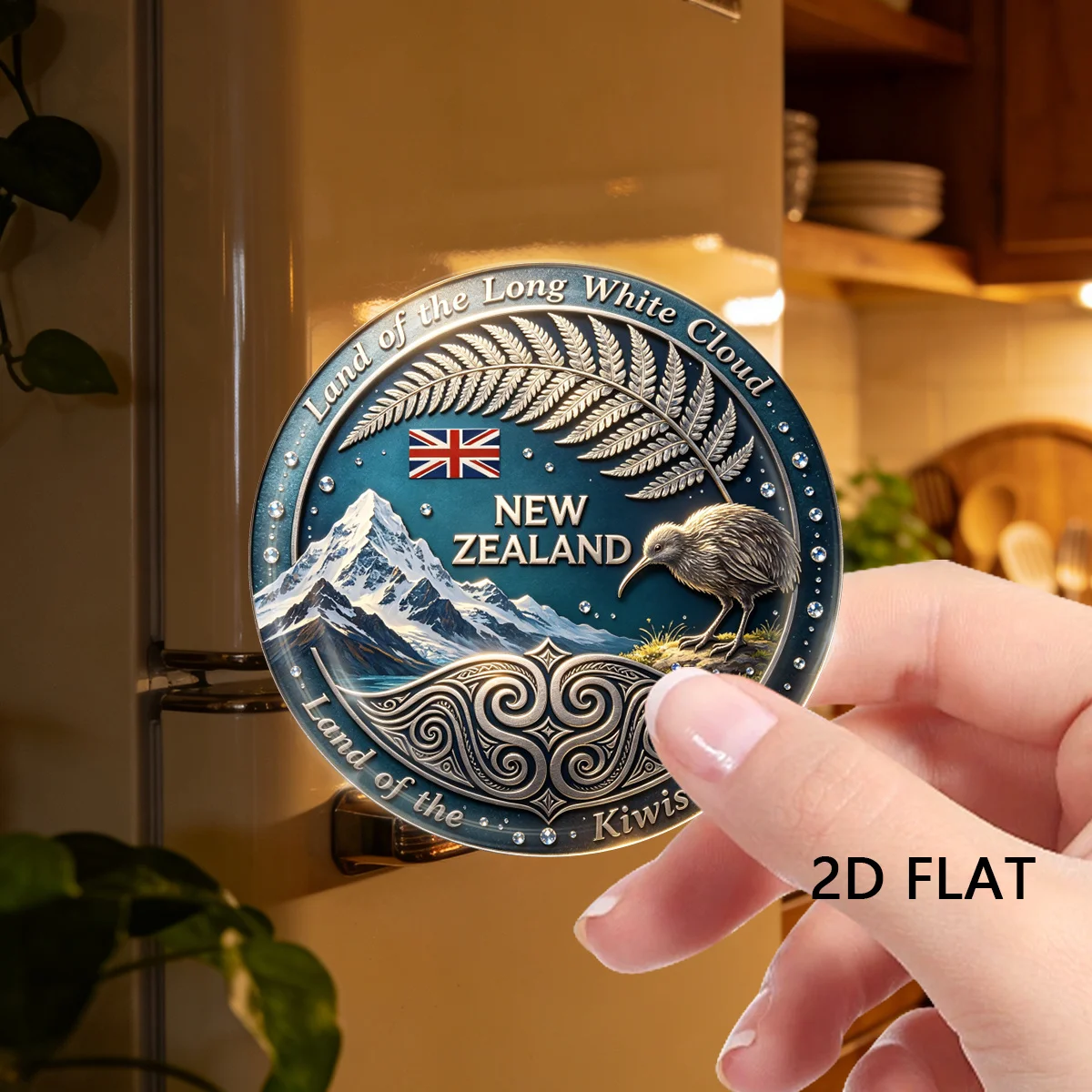 1pc 2D Flat New Zealand Long White Cloud Land Durable Round Fridge Magnet, Suitable for Adhering to Refrigerators, Whiteboards,