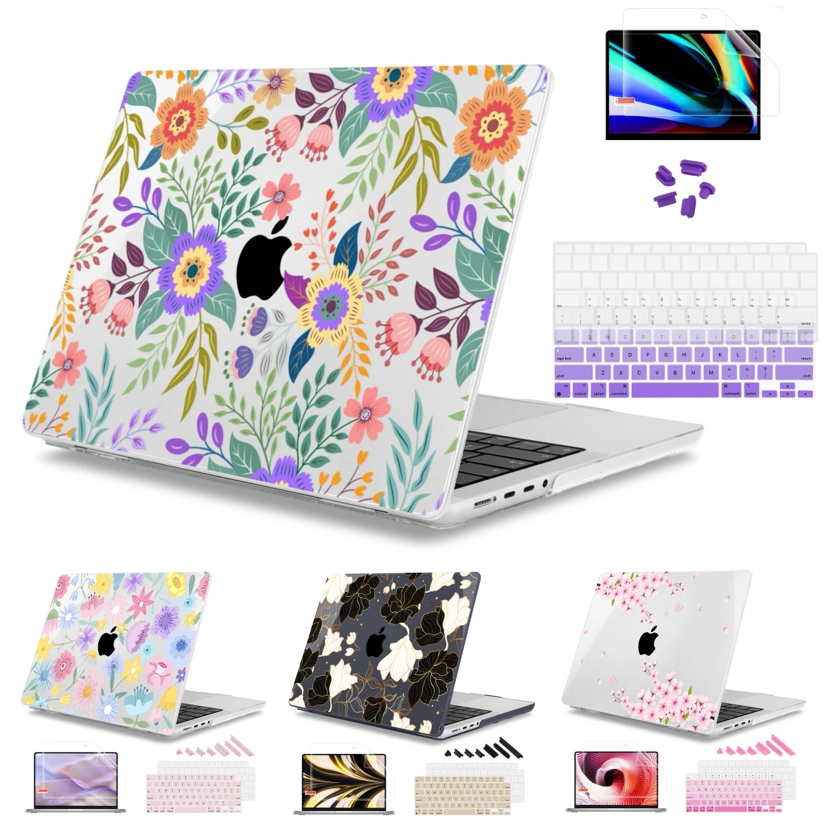 

Purple Flower Crystal Case For MacBook 2024 M4 2023 M3 Pro case 14 16 inch A2918 A2991 Air 13 15 A2681 A2941 M2 M1 A2337 A2338