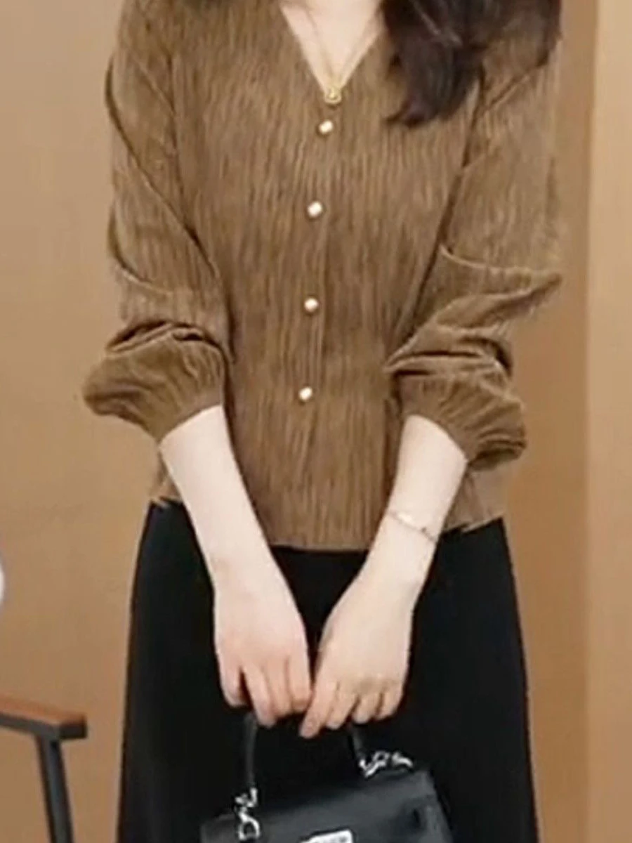 

Ele Casual Long Sve irt Faionable Simple Match All Seasons Дышащий полиэстер с V-образным вырезом и застежкой на пуговицы для женщин irt