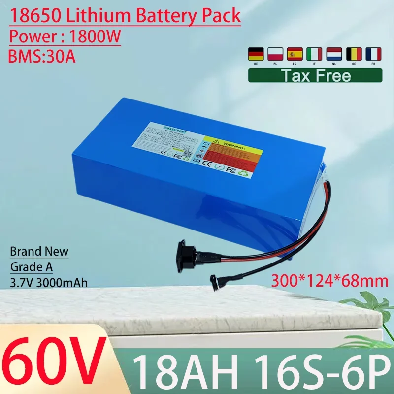 60V 18Ah 18650 16S6P Lithium Ion Battery Pack 1800W Power Tool Batteries Outdoor Backup Batteries With 30A BMS+16V 3A charger