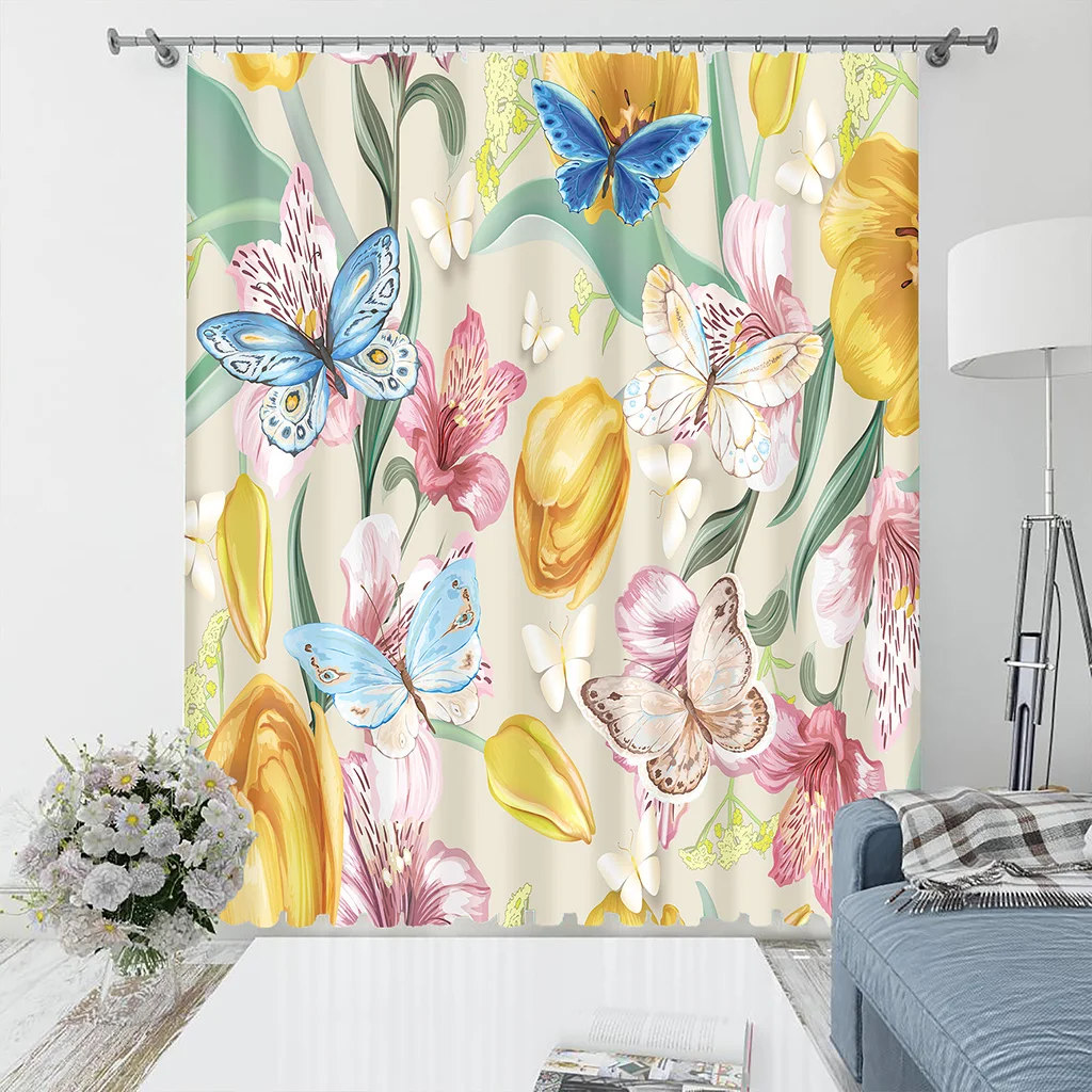 

Nature Green Leaves Polyester Luxury Curtains, Flower, Lemon, Pink Flamingos, Thin Shading, Bedroom, Living Room, Home Decor