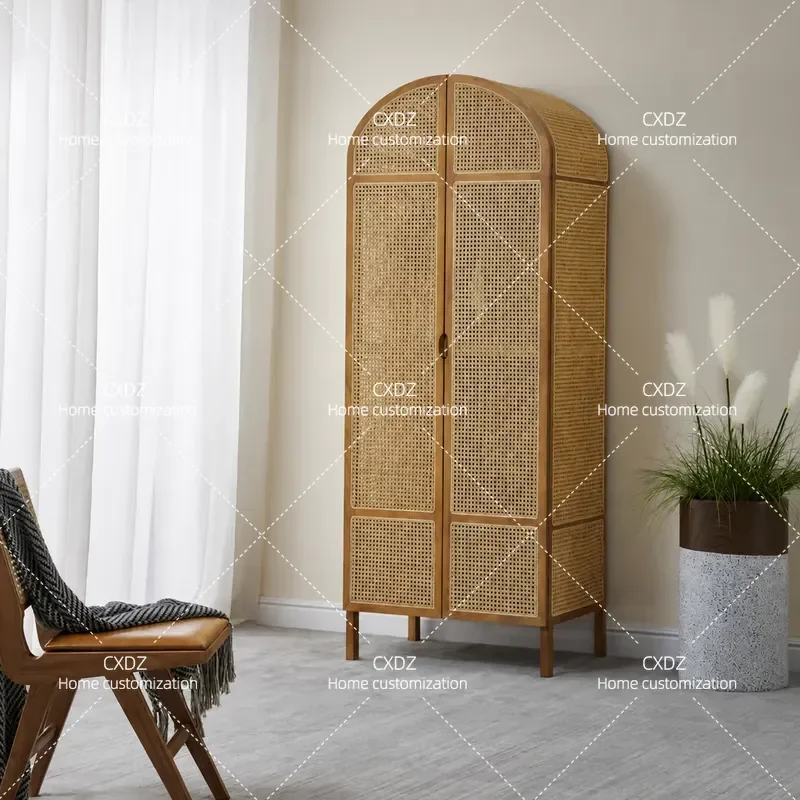 Solid Wood Rattan Wardrobe Nordic Modern Simple Ash Wood Storage Cabinet for Small Apartment Bedroom Furniture Induction Door
