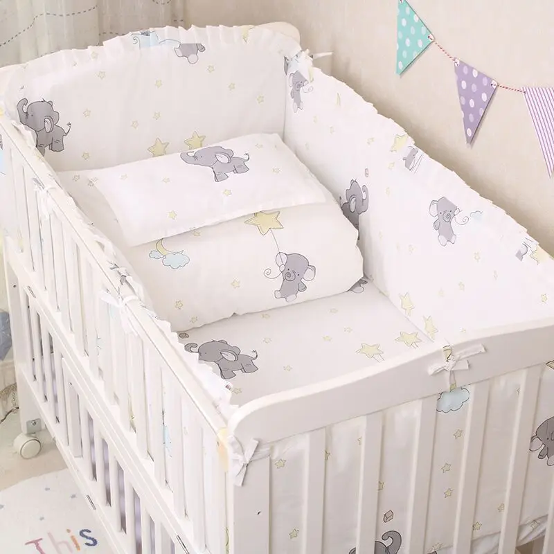 6 teile/satz Babybett Bettwäsche-Set Baumwoll druck Kleinkind Babybett Bettwäsche Babybett Stoßstangen Bettlaken Kissen bezug Neugeborene Bettwäsche-Set