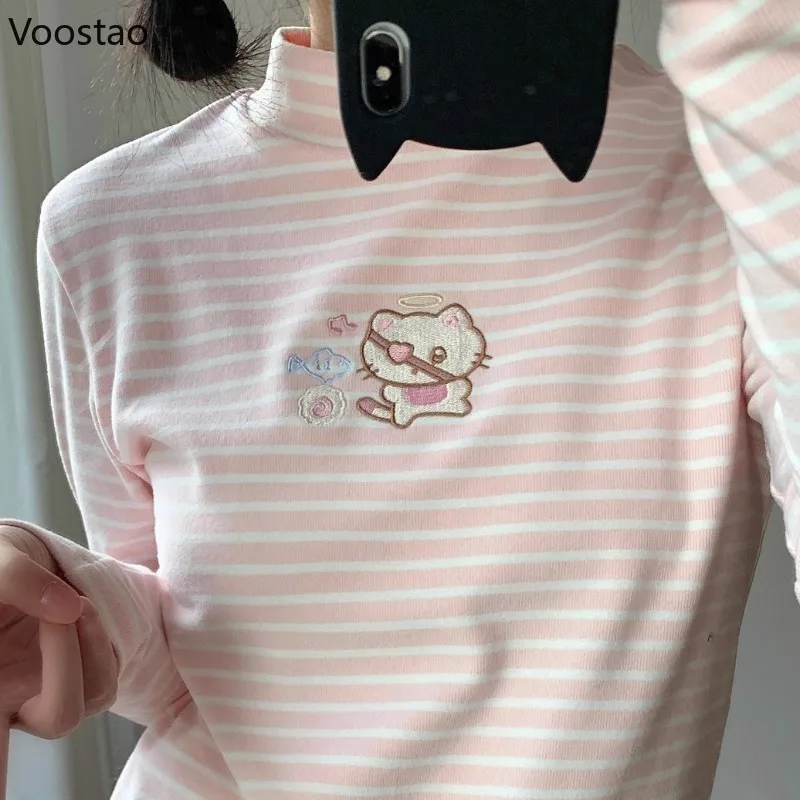 

Sweet Lolita Tops Cartoon Cat Embroidery Harajuku Contrast Color Stripe T-Shirts Japanese Fashion Women Y2k Aesthetic Casual Tee