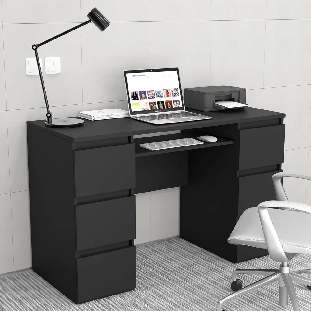 "Escritorio para juegos moderno negro con cajones de almacenamiento y estantes para dormitorio y estudio"