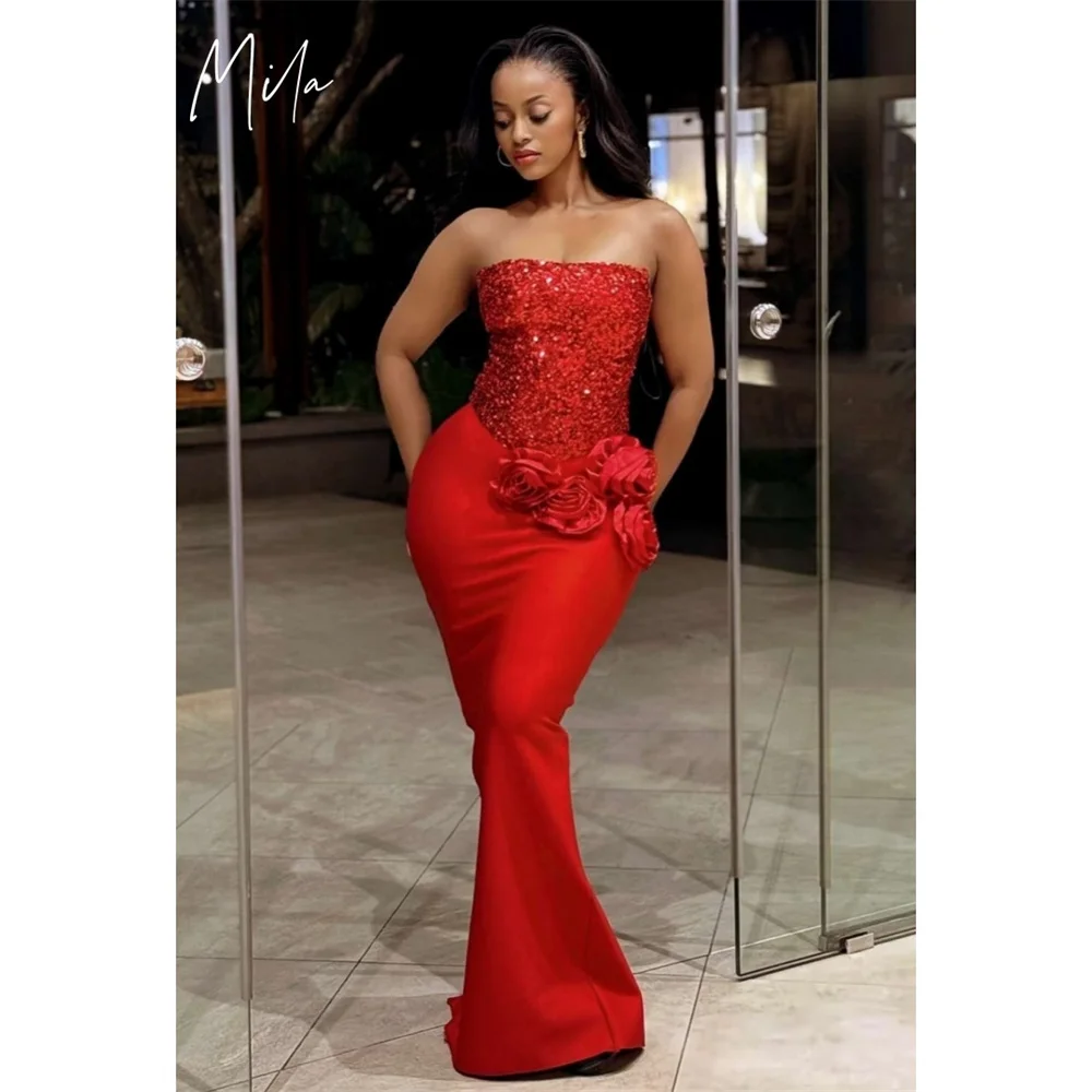 

Mila Red Strapless Wedding Party Dress Customized 3D Flower Sleeveless Evening Dresses Floor-Length Mermaid vestidos de fiesta