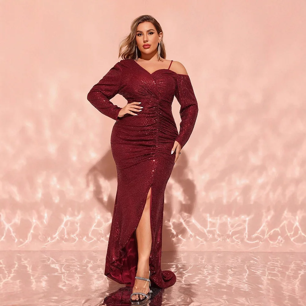 

Сексуальное сверкающее вечернее платье с глубоким V-образным вырезом и хвостом, большие размеры, трикотажное платье из полиэстера со средней талией, длинное свековое нейтральное платье для TON