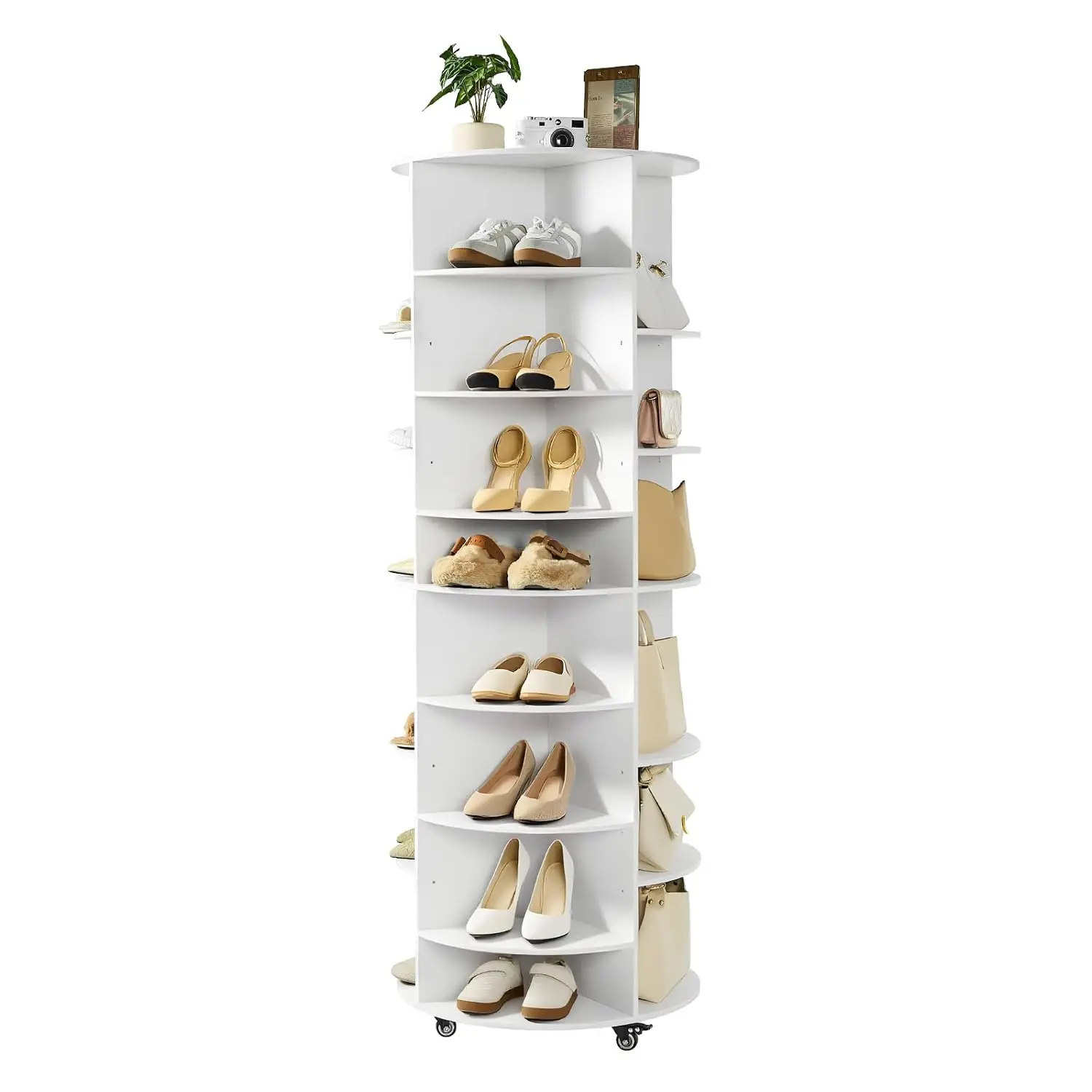 7 Tier Rotating Shoe Rack Adjustable Shelves 360° Spinning Wheels Organizer Bedroom Living Room Entryway White, Customized