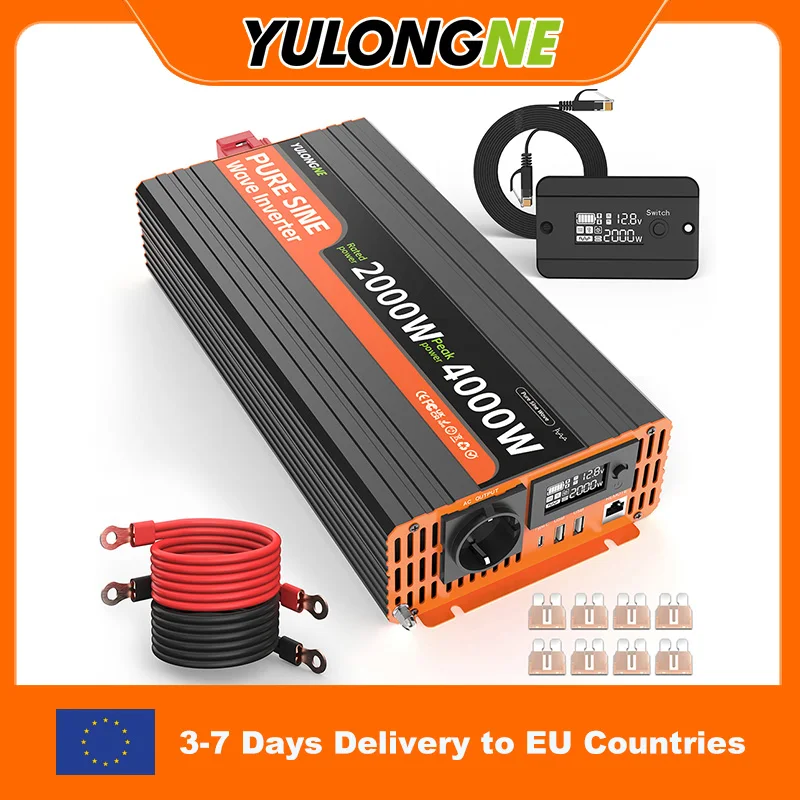 YULONGNE Sinus-Wechselrichter 2000W, 4000W (Spitzenleistung) DC 12V/24V zu AC 230V Stromwandler mit USB Typ-C, kabelgebundener Fernbedienung, Hochleistungs-Batteriekabeln, Sicherungen, für Auto, LKW,