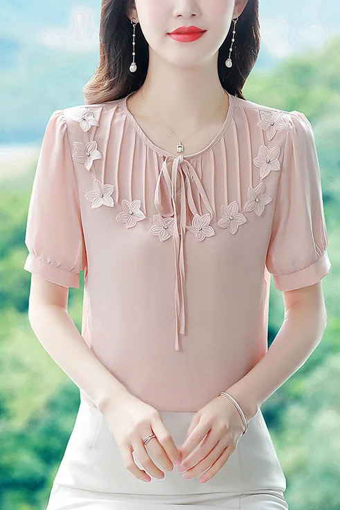 

Новинка лета 2025 года, шифоновая рубашка с круглым вырезом и короткими рукавами для женщин, универсальная темпераментная рубашка