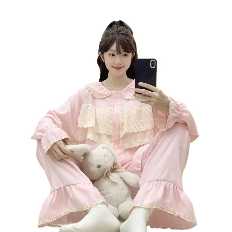 Loose 140kg Light Luxury Princess Similar To Embroidery Lace Solid Color Princess Long Sleeve Outer Wear Loungewear Set Spring