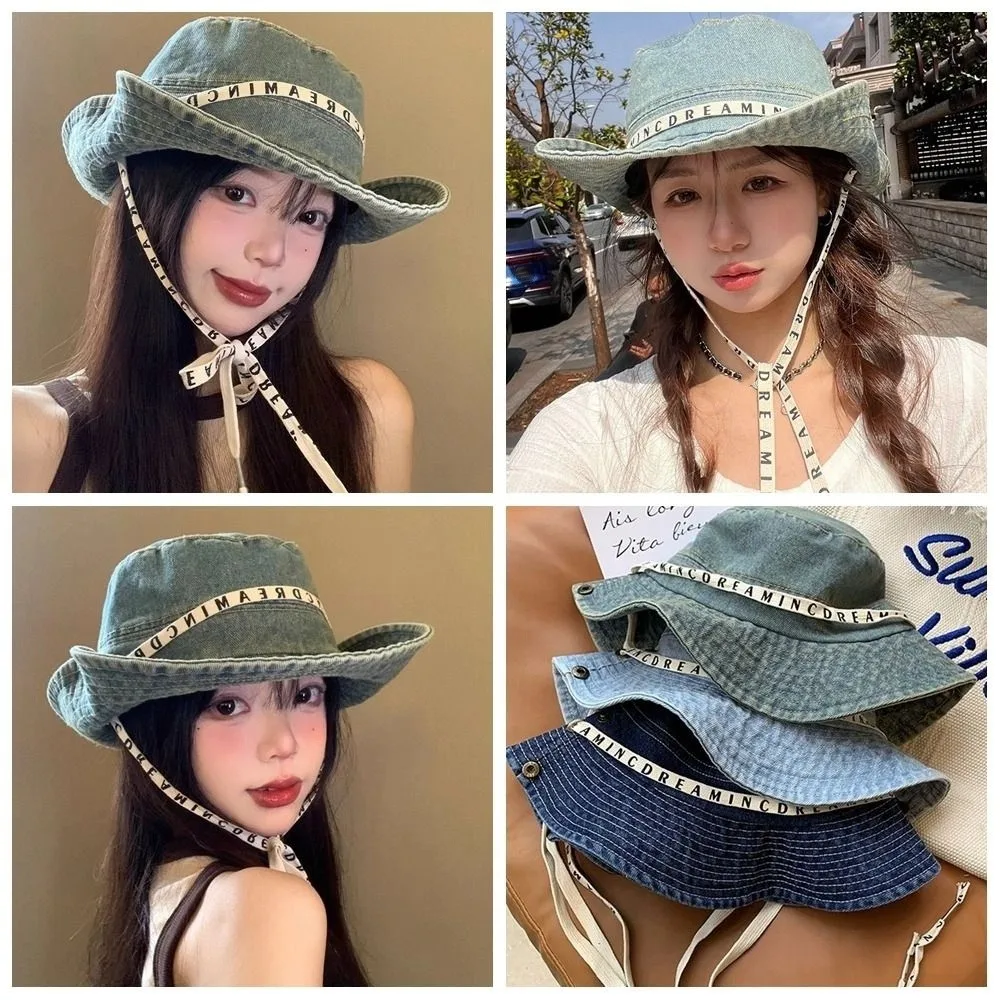 

Fashion Big Brimmed Denim Bucket Hat With Tie Belt Wide Wings Jeans Fisherman Hat Letter Korean Style Sunscreen Hat Women