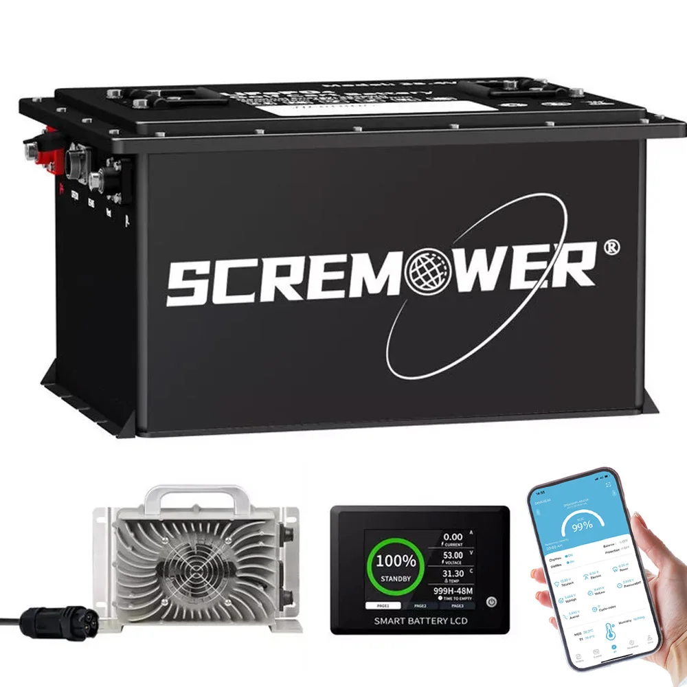 

SCREAM POWER 36V 105Ah LiFePO4 Аккумулятор для тележки для гольфа Smart 200A BMS с сенсорным монитором, мобильным приложением и зарядным устройством Аккумуляторная батарея