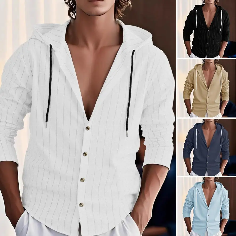 Durable Men Shirt Men's Linen Stripe Hooded Shirt Long Sleeve Button-down Casual Shirt Regular Fit Fall Vacation Streetwear Top