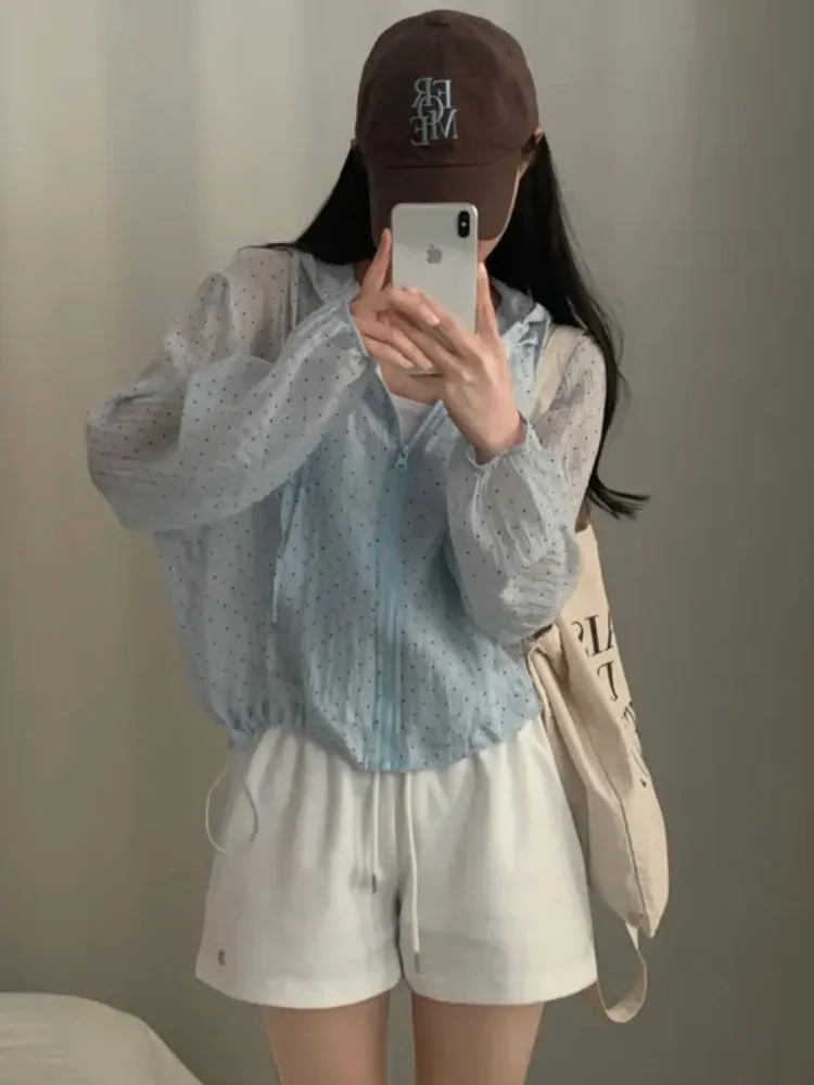 เสื้อคลุมกันแดดมีฮู้ดลายจุดบางป้องกันริ้วรอยผู้หญิงฤดูร้อนใหม่สเลอเนกประสงค์เสื้อแขนยาว