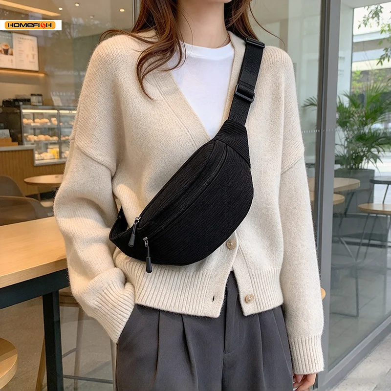 HOMEFISH Corduroy Women Waist Bag, Fashion Crossbody Chest Fanny Pack Phone Purse for Students Daily Outing