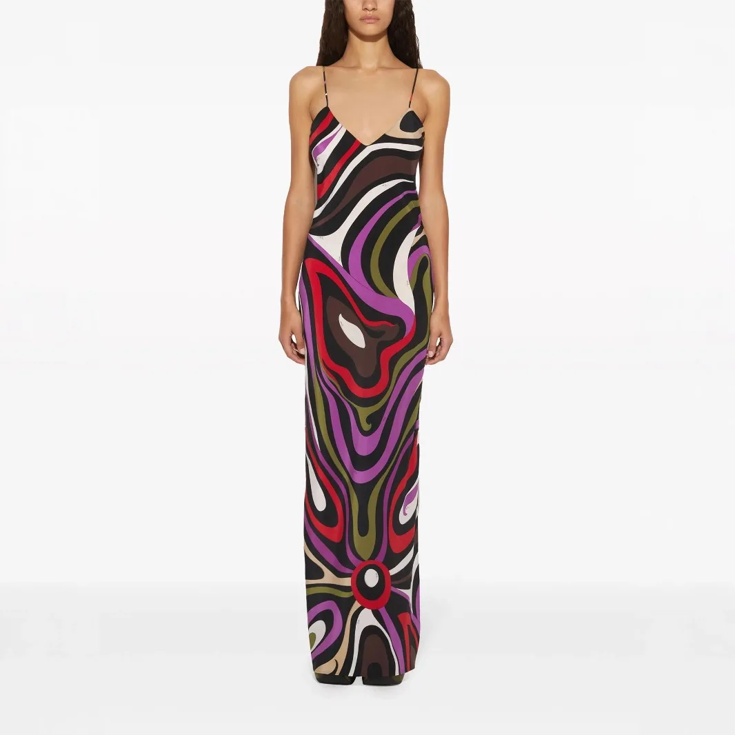 Sommer Bedruckte Satin Hosenträger Rückenfreie Lange Rock Kleider Für Frauen Side Split Secy V-ausschnitt Elegante Abend Party Maxi Kleid Y2k