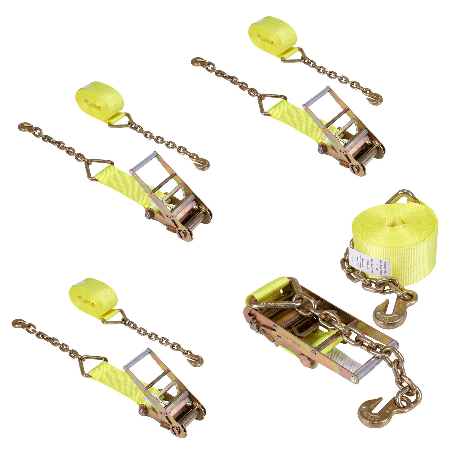 

Комплект из 4-х сверхпрочных стяжных ремней 10 см x 12 м с цепями и крюками-захватами, нагрузка до 2993 кг, для шин, мотоциклов, прицепов