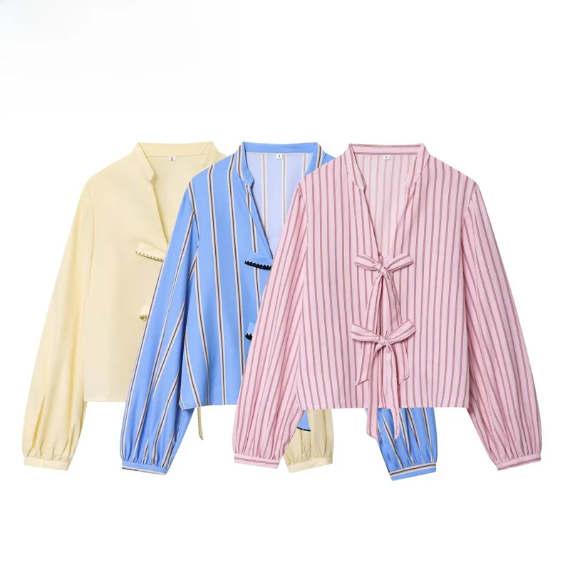Fashionable Women's Long Sleeve Striped Silk Shirt  Knot Decor Loose Fit Breathable Polyester Spring Summer Shirt