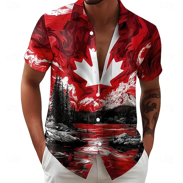Mens Canada Day Abstract Maple Leaf Print Hawaiian Shirt Short Sleeve Button Down Casual Aloha Shirt For Men Patriotic Party Top