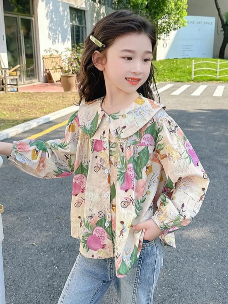 2026 New Girls Floral Shirt Peter Pan Collar Cotton Long Sleeve Top Spring Autumn Fashion Base Layer Blouse