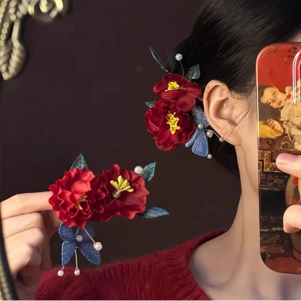 

Elegant Tassel Red Flower Hair Clip New Chinese Style Retro Wooden Hair Stick Pearl Antique Hanfu Hairpin for Women