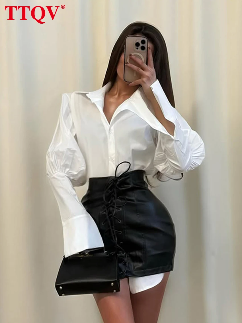 

TTQV Fashion Loose White Two Piece Outfits Woman Elegant Long Sleeve Shirt With High Waist Mini Skirt Set Female Streetwear