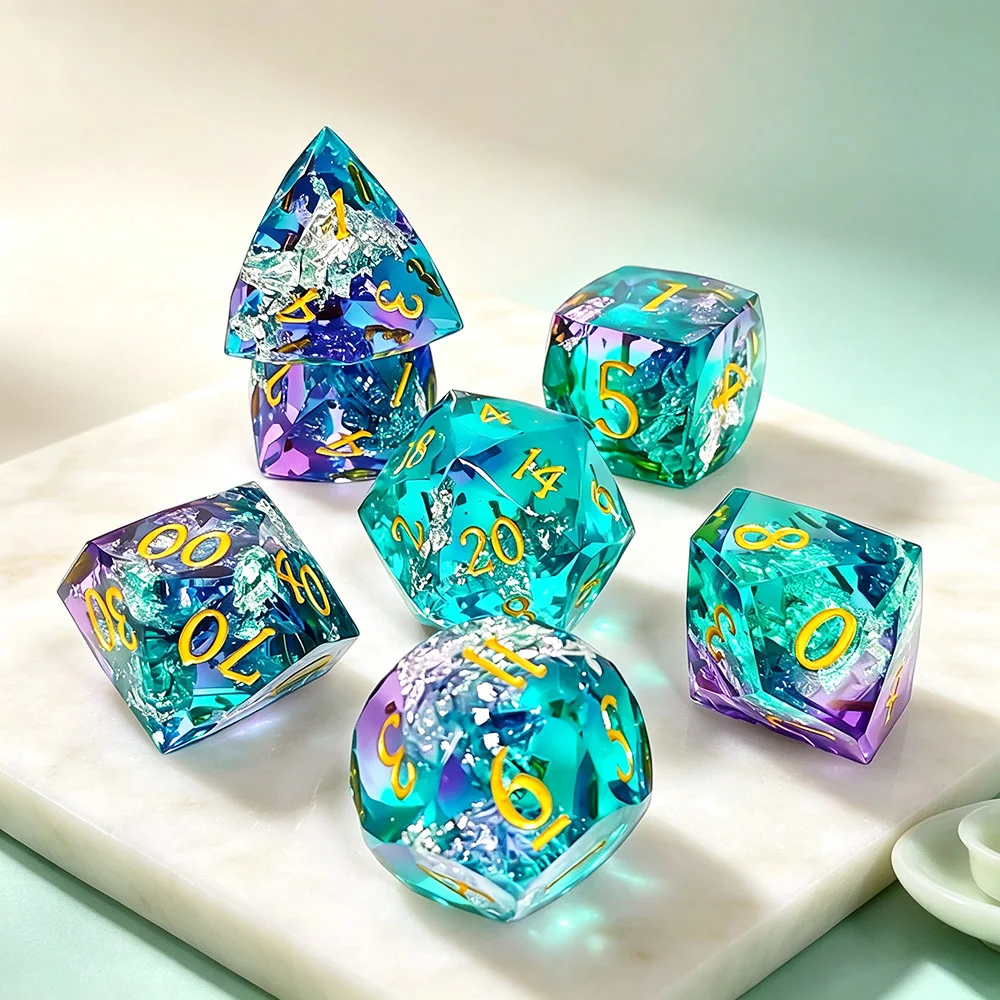 7Pcs Resin Polyhedral Dice Set, Gradient Color, Gold Number, Multifaceted Sharp Edge Tabletop Game Dice For DND RPG Role Playing
