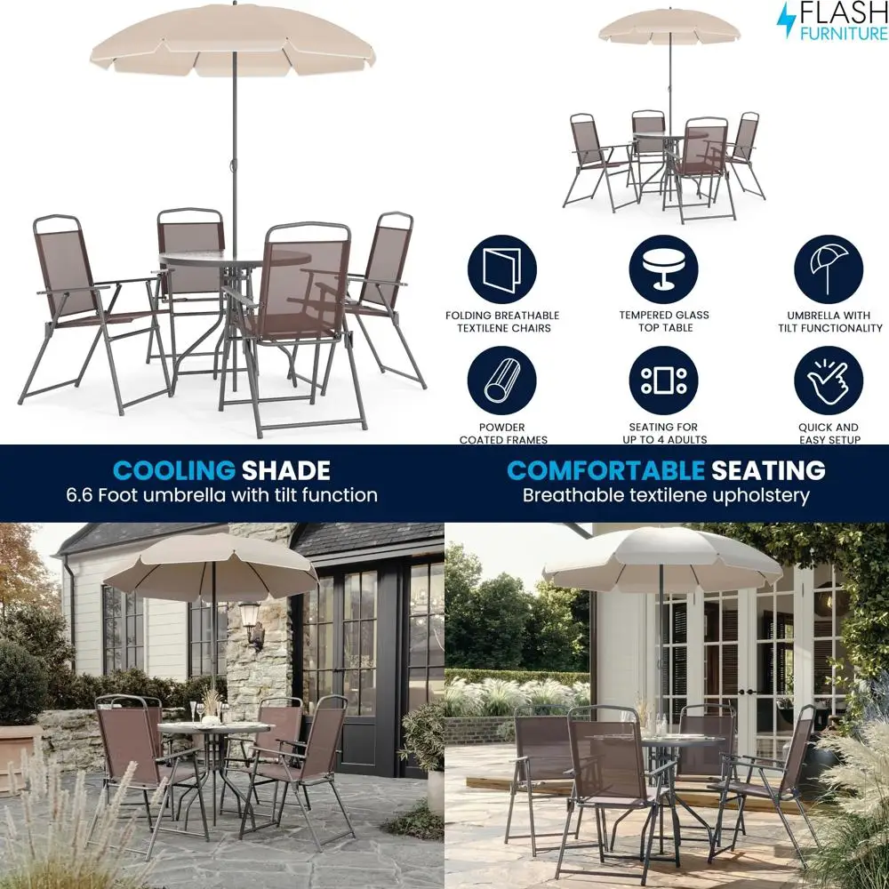 

6-Piece Outdoor Patio Dining Set with Glass Table, 4 Folding Chairs, and Umbrella, Brown