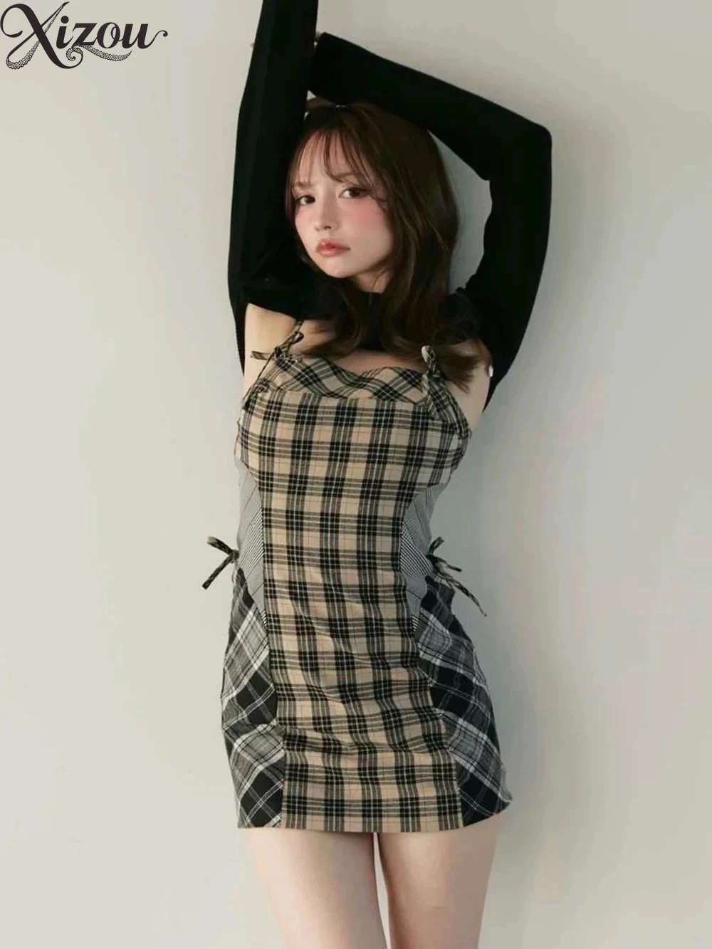 

Japanese Style Plaid Splicing Two-piece Dress Women's Long-sleeved Waist-wrapped Hip Casual Long Sleeve Dresses for Women