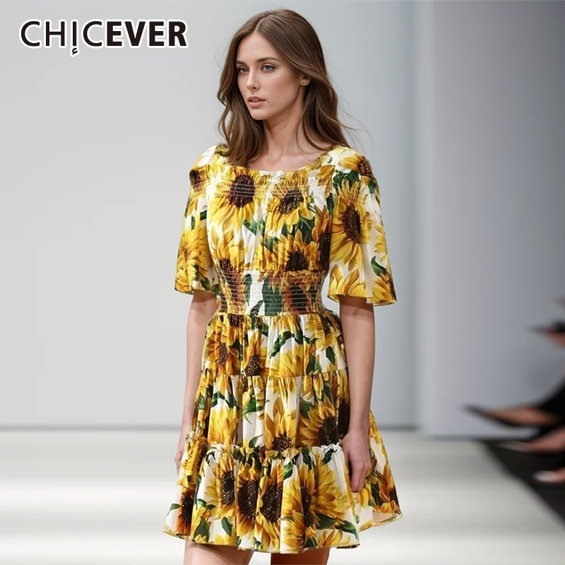

CHICEVER Printing Hit Color Dress For Women Square Collar Off Shoulder Short Sleeve High Waist Mini Dresses Female 2024 Clothes