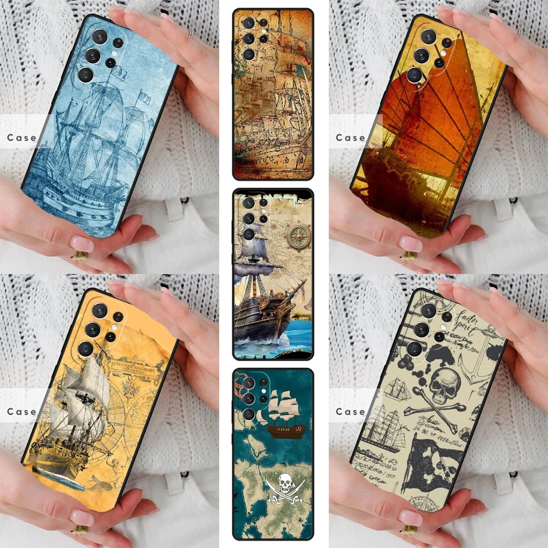 Pirate Ship Skull Treasure Map TPU Phone Case for Samsung Galaxy S26 S25 S24 S23 S22 S21 S20 Note10 Plus FE Ultra Cover