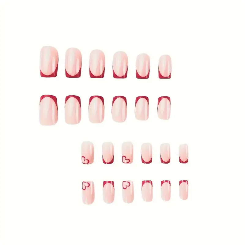 Instantly Upgrade Your Look With 24pcs-Red heart-shaped false nail set-Detachable And 1pc Cuticle Pusher