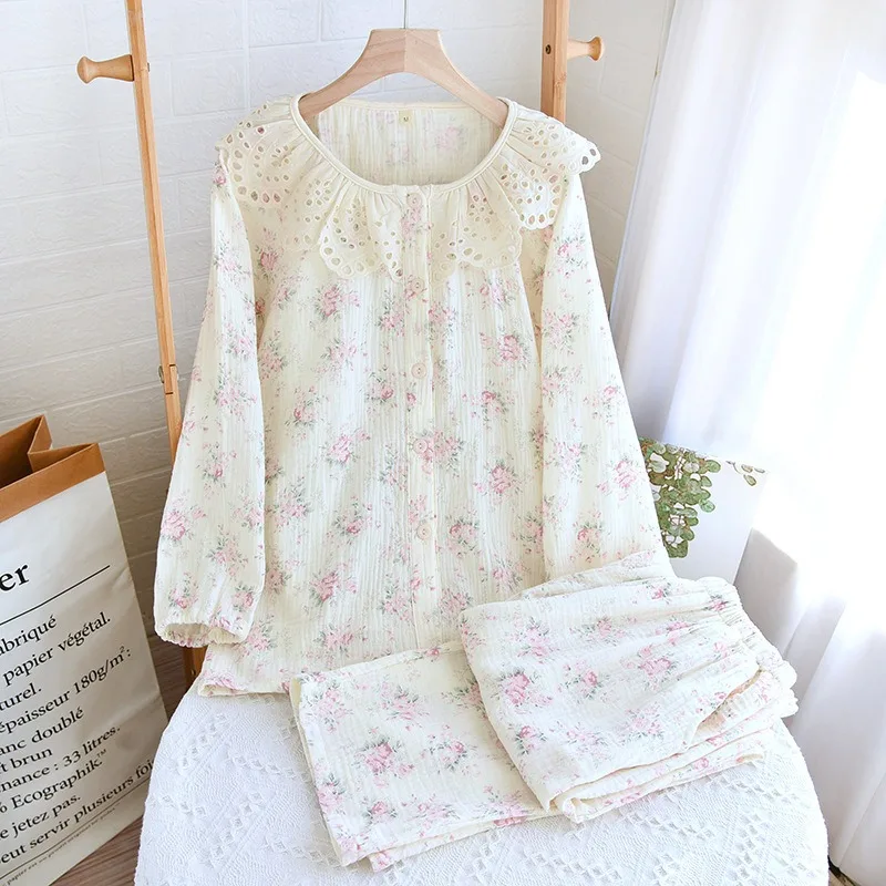 Spring Summer Autumn Women Pure Cotton Cute Pajamas Set Sleepwear Female Long Sleeve Pijama Suit Loungewear Crepe Ladies Pyjama