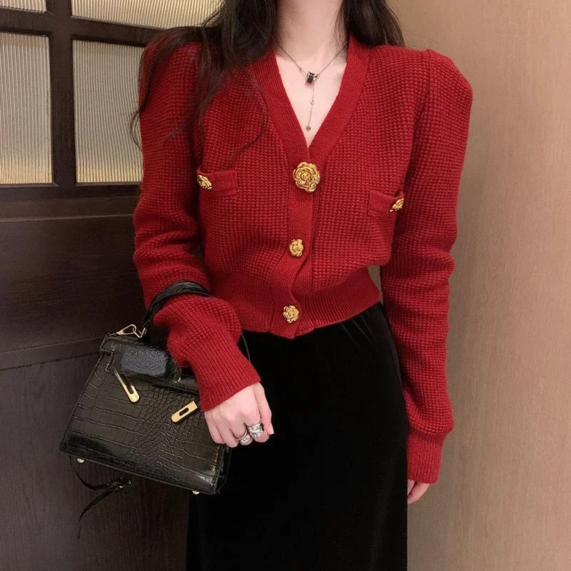 Neploe Elegant 3d Metal Buttons Red Sweaters Mujer 2024 Autumn Slim Waidt Cardigans Y2k Long Sleeve Knitted Tops Women