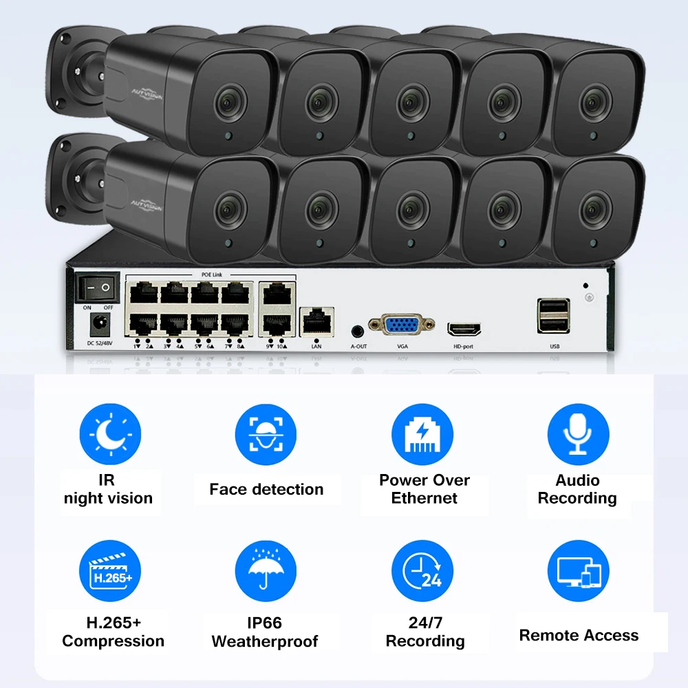 25Fps 5MP CCTV Video Surveillance Kit 10CH POE NVR Outdoor Audio IP66 Waterproof POE Cameras Security Camera System Set