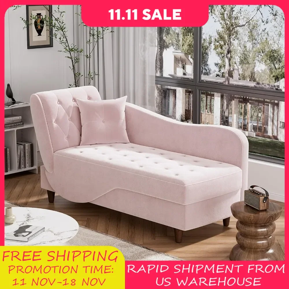 Upholstered Velvet Chaise Lounge, Adjustable Sofa Recliner Lounge Chair with Storage and 1 Pillow, Button Tufted Lounge Chaise